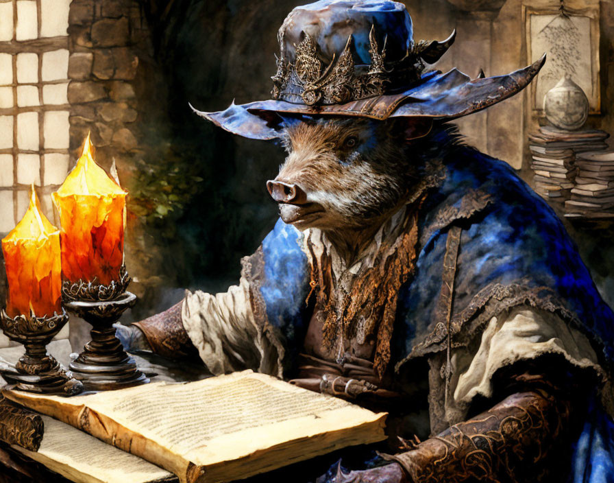 Anthropomorphic boar in fancy attire reading book by candlelight