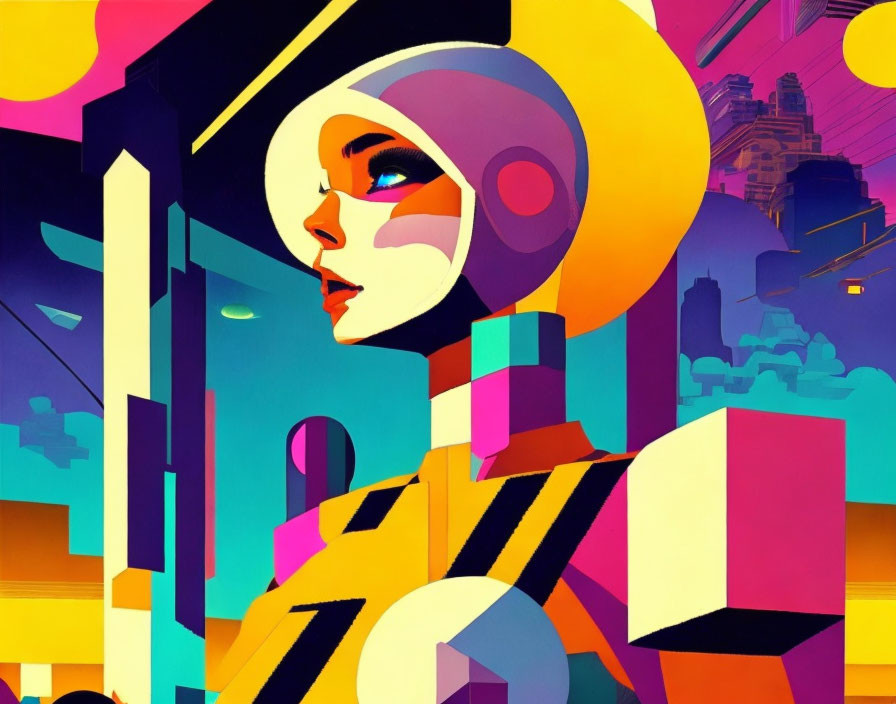 Vibrant futuristic female figure with geometric cityscape illustration