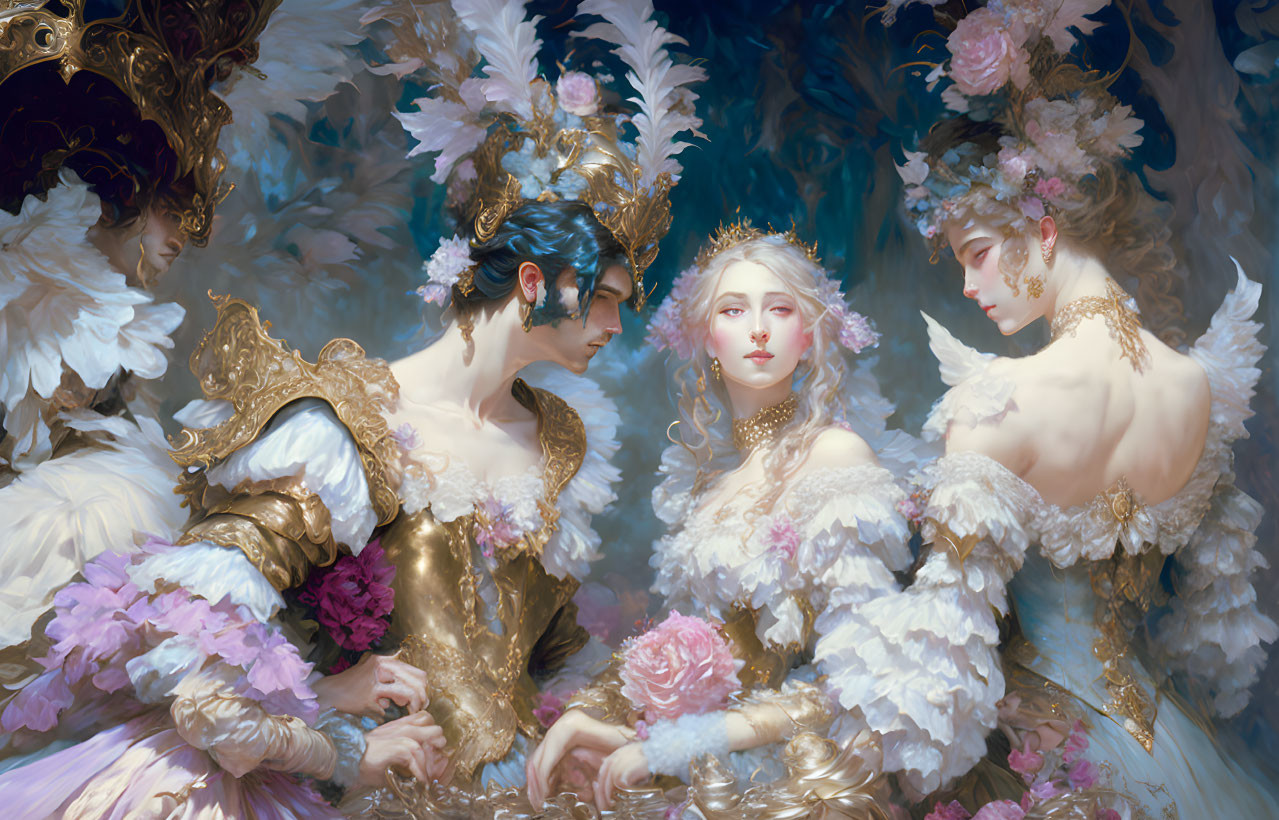 Ethereal figures in feather-adorned attire in dreamy pastel setting