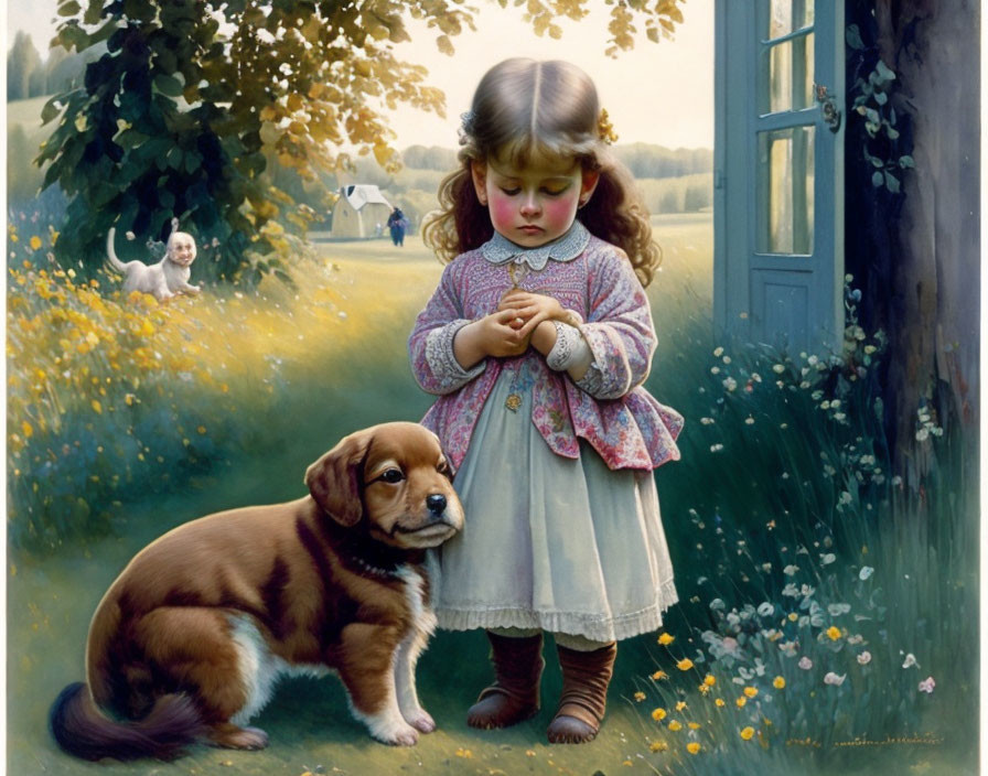 Young girl with puppy, rabbit, and house in meadow scene.