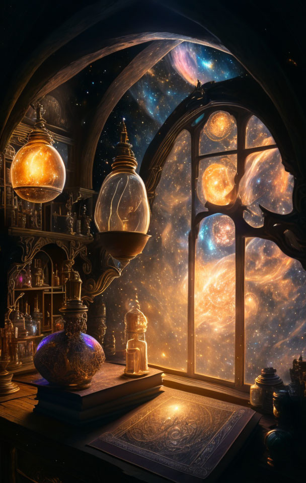 Enchanting Room with Glowing Lanterns and Celestial Galaxy View