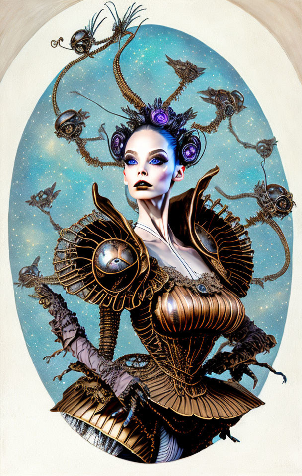 Steampunk-themed woman illustration with celestial backdrop.