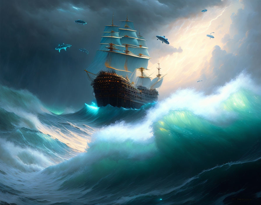 Majestic sailing ship in stormy seas with flying fish-like creatures