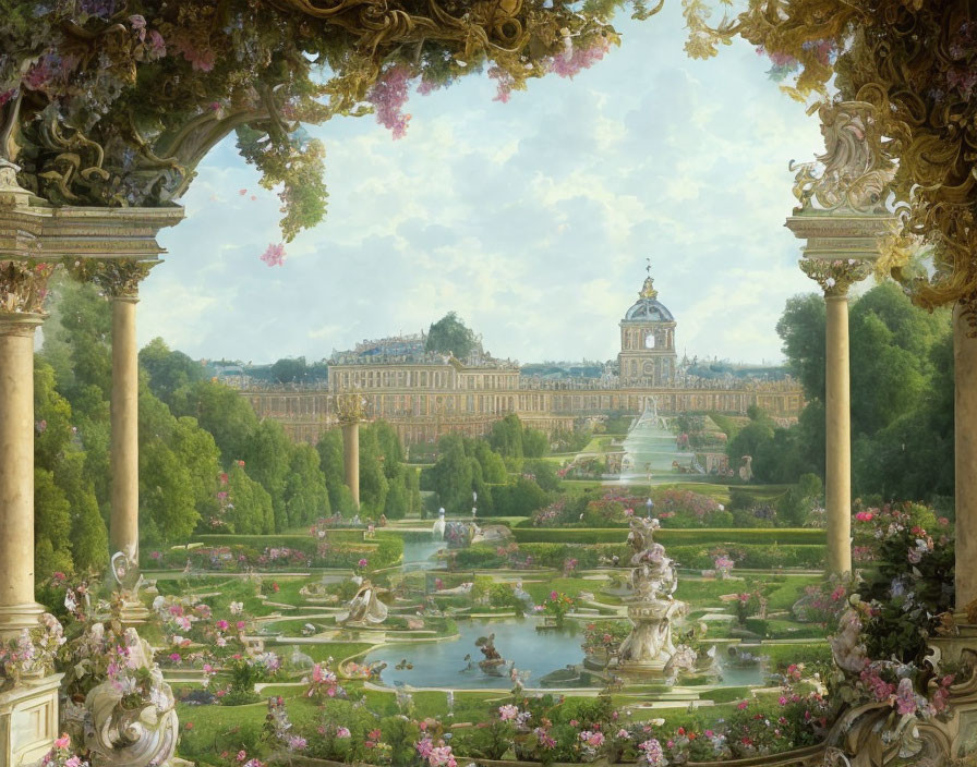 Baroque garden with hedges, statues, fountains, and palace in background.