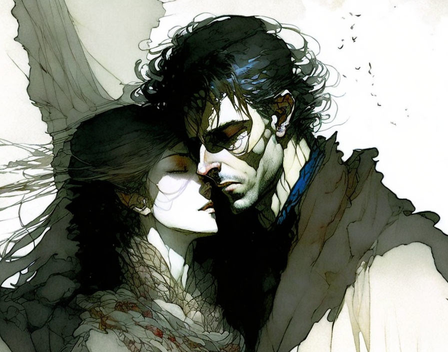 Illustration of man and woman embracing in dramatic ink style