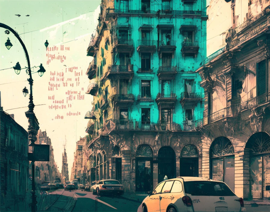 Vintage-style city street with aged buildings, street lamps, parked cars, and turquoise tint overlay