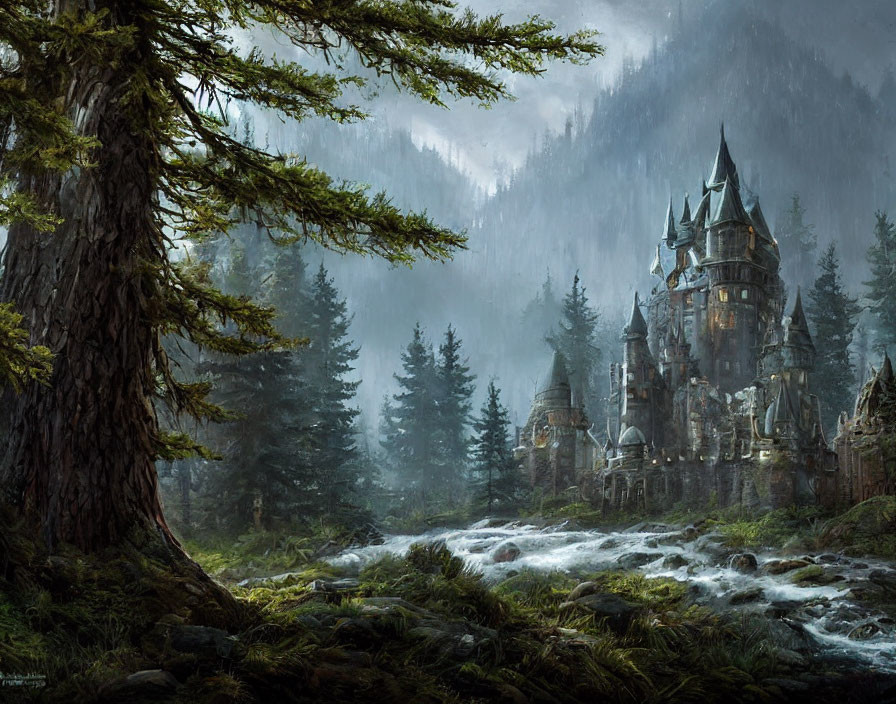 Castle in Misty Mountains with Stream, Trees, Cloudy Sky