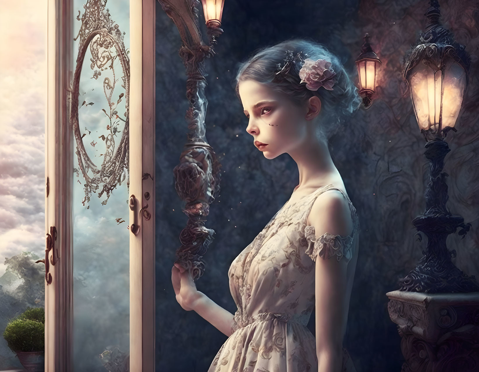 Young woman in vintage dress by ornate mirror and window with baroque lamps and twilight sky