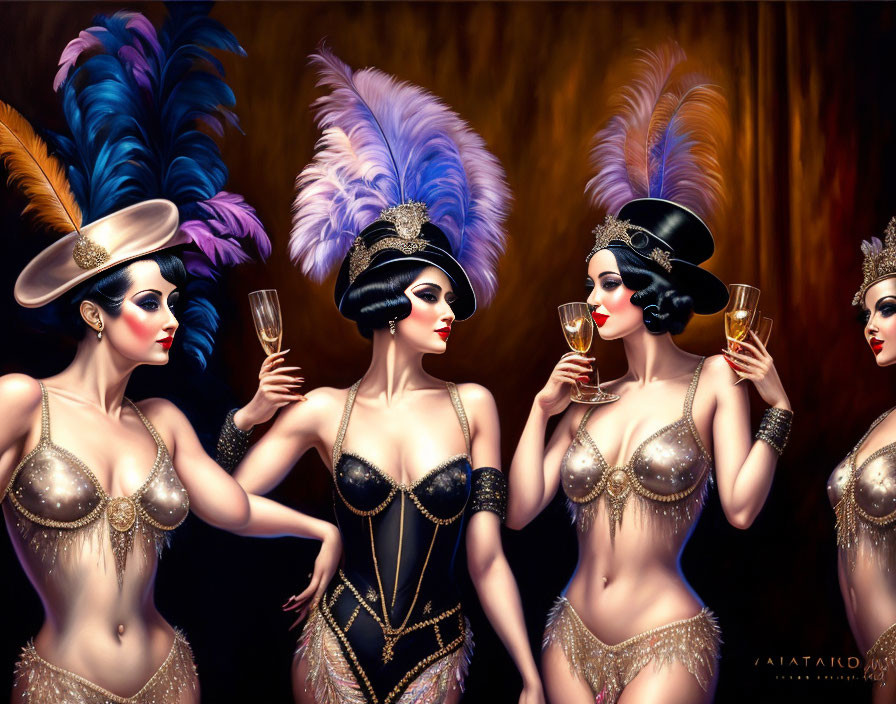 Four women in showgirl costumes with champagne glasses against dark backdrop