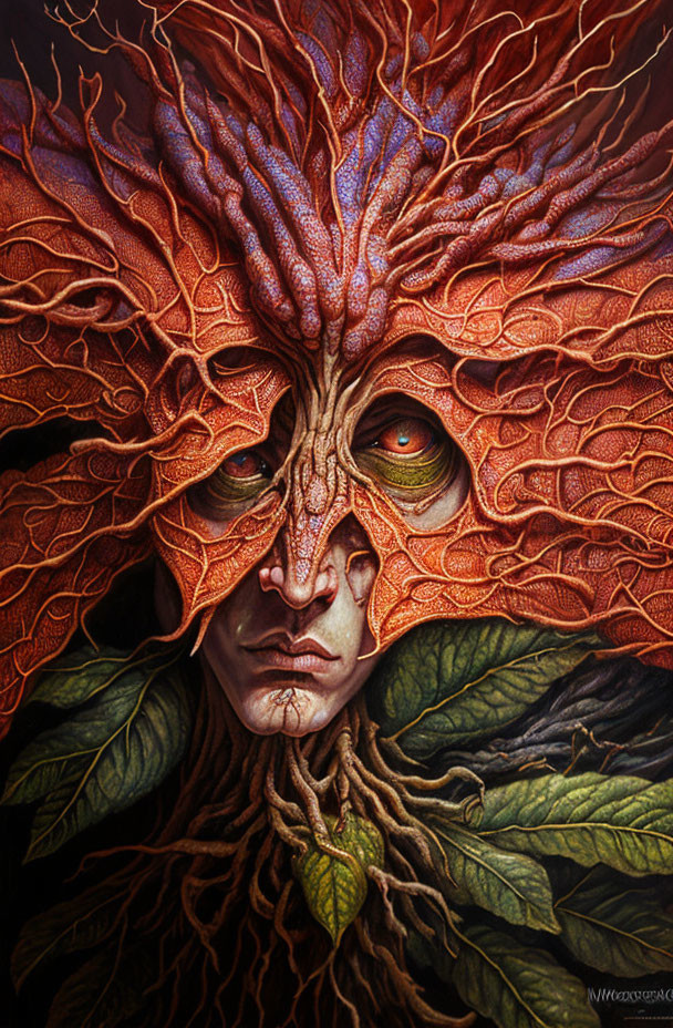 Humanoid Figure with Leaf and Bark Textures and Green Eyes