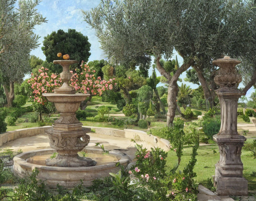 Tranquil garden with stone fountain, olive trees, flowers, and classical columns