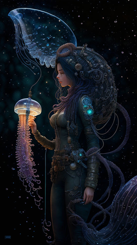 Futuristic armored woman with glowing jellyfish lantern in dark setting