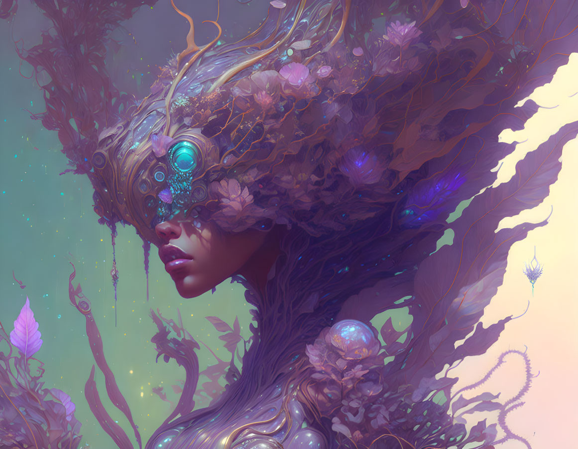 Fantasy illustration of woman with mystical tree-like headdress and luminous gems in purple and teal