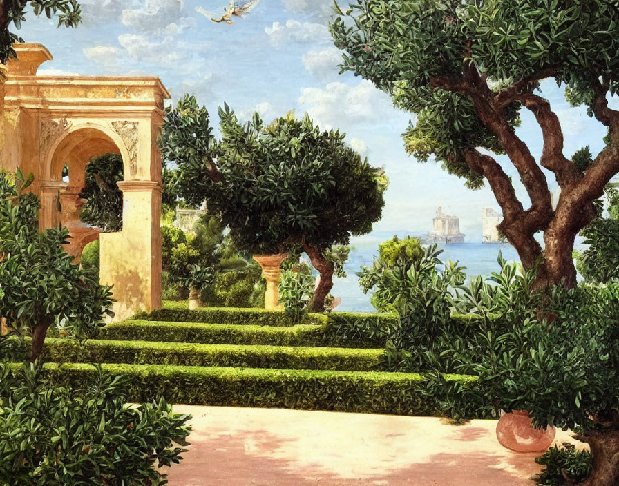 Lush garden landscape with terraced hedges, archway, trees, and sea view