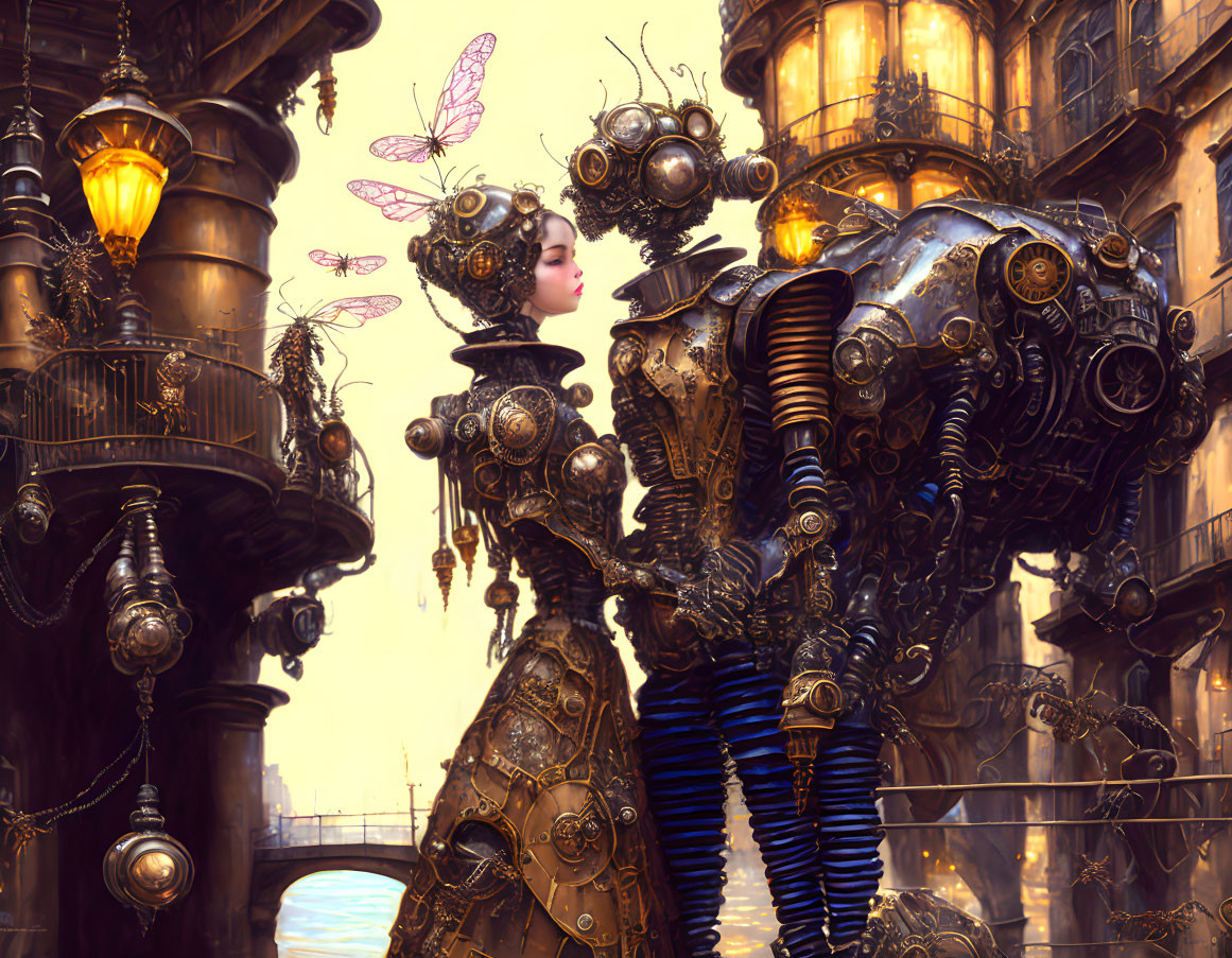 Steampunk-style humanoid robot embracing woman in vintage architecture setting