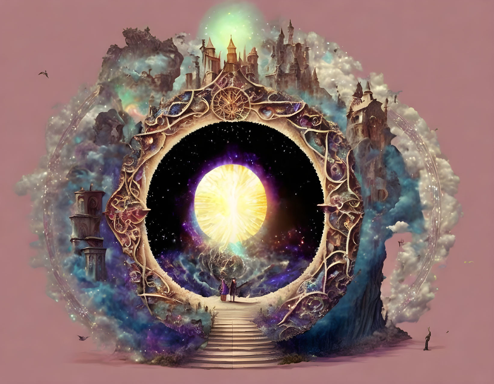 Fantastical portal with radiant light and celestial scenery