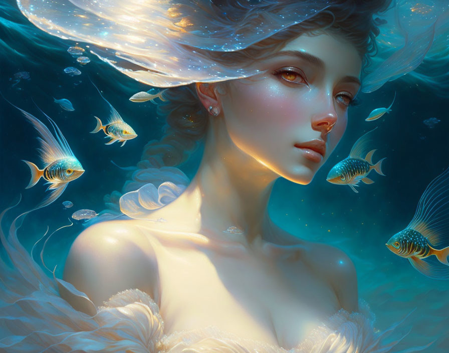 Woman with flowing hair surrounded by glowing fish in serene underwater scene