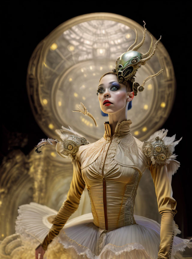 Steampunk-themed woman in ornate outfit with mechanical headdress by large round window.