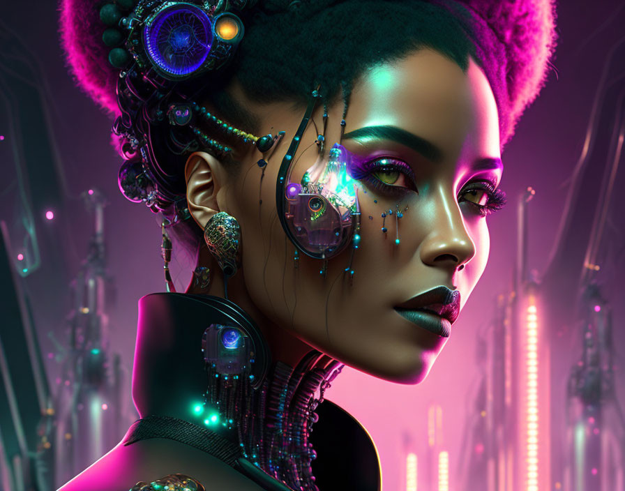 Futuristic woman with cybernetic enhancements and vibrant makeup in neon-lit setting