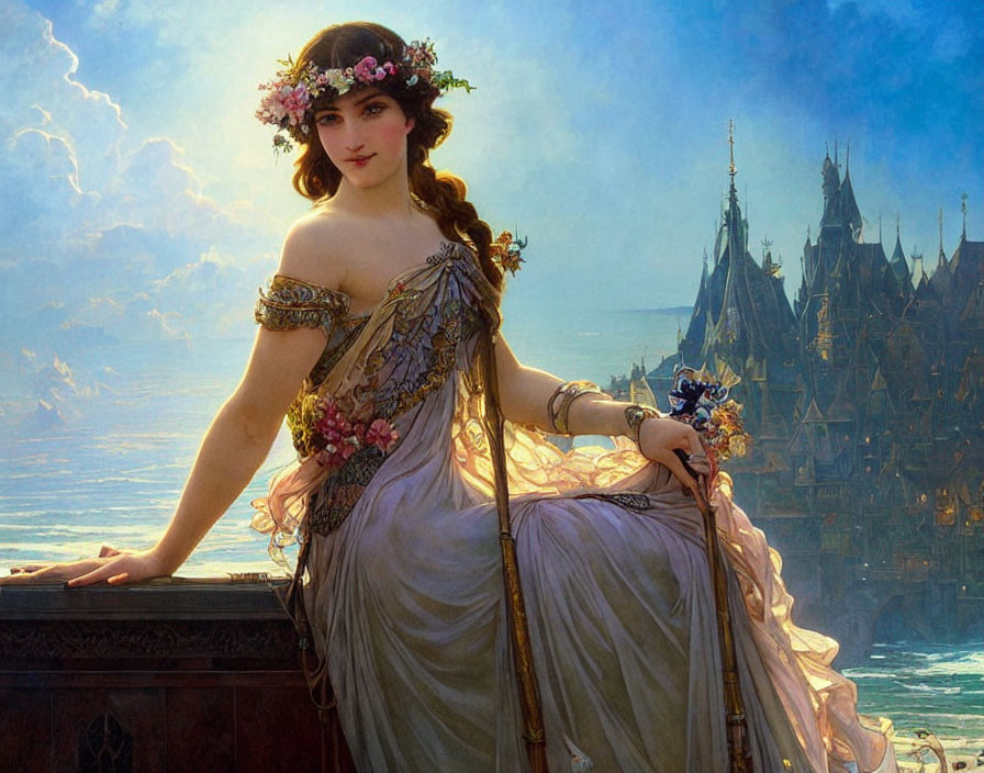 Woman in flowing gown with flower adornments against fantasy medieval cityscape.