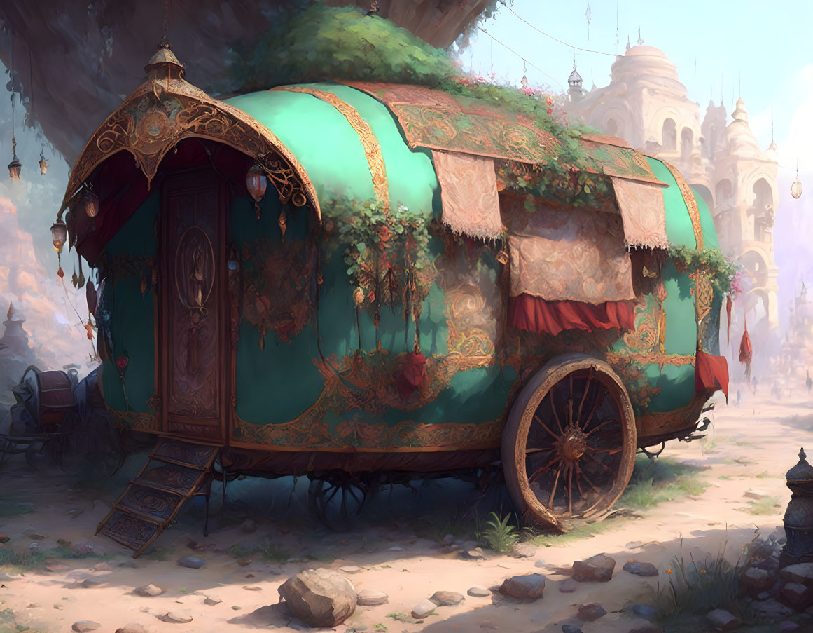 Green caravan with red and gold accents in a vibrant market square.