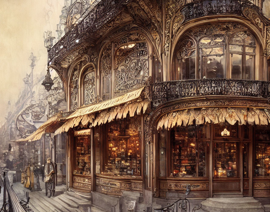 Vintage storefront with iron balconies, lit windows, and cobbled street scene.