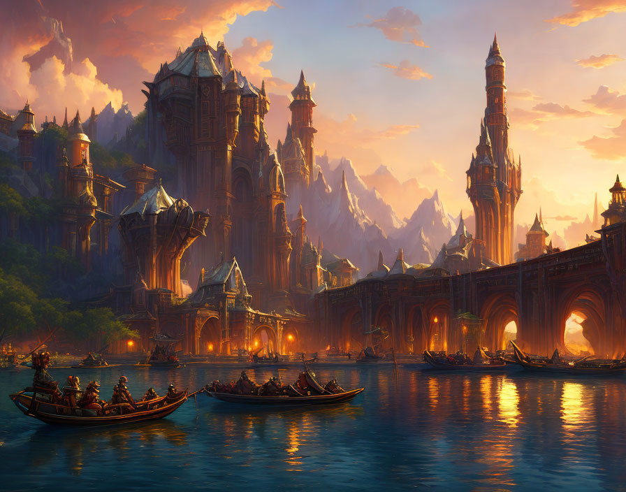 Majestic castles in a fantasy sunset landscape with serene river and boats