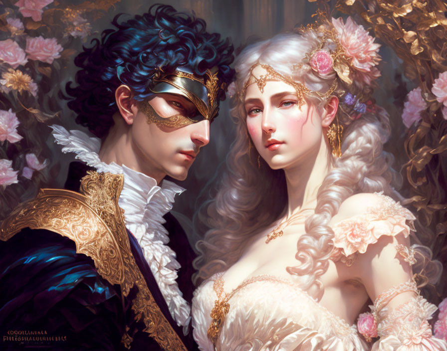 Fantasy portrait of masked man and woman in regal attire with floral backdrop