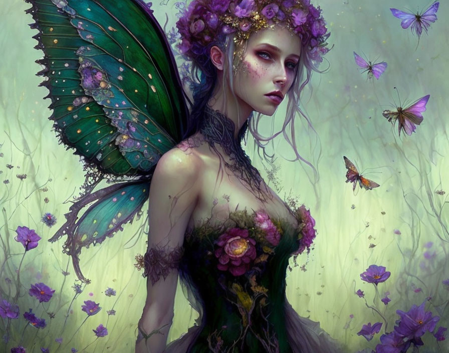 Green-winged fairy adorned with flower crown among butterflies in mystical floral scene