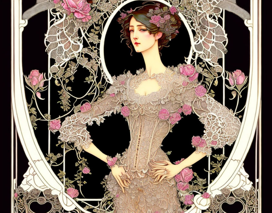 Art Nouveau Style Illustration of Elegant Woman with Floral and Lace Motifs