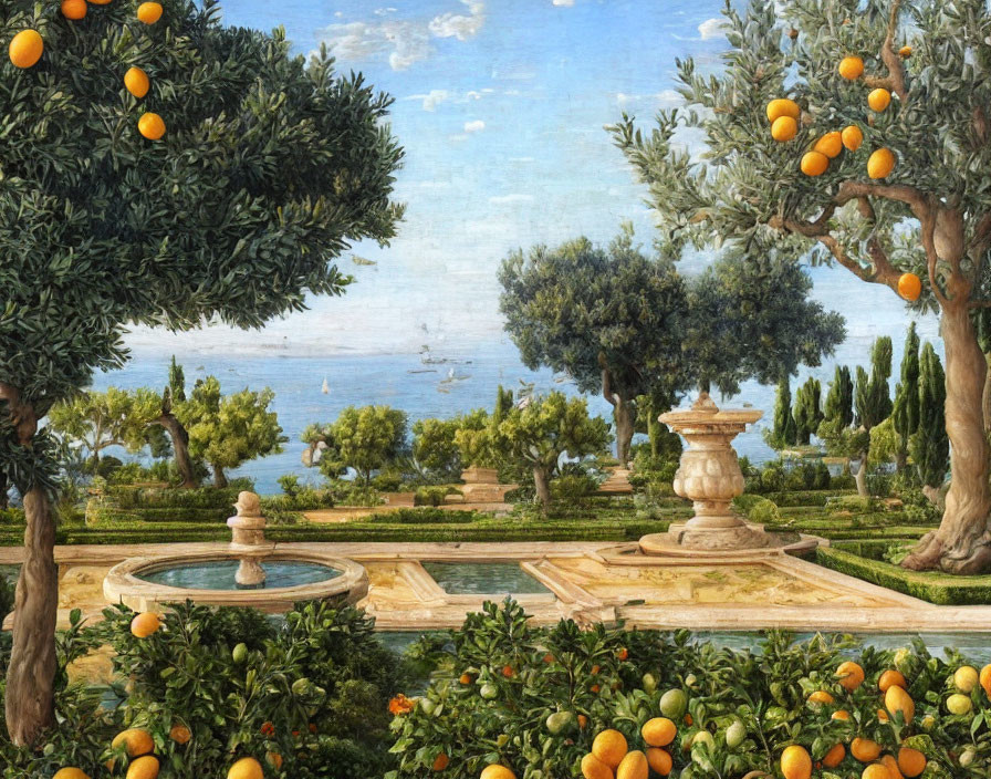 Lush garden with orange trees, fountain, topiaries, and sea view.