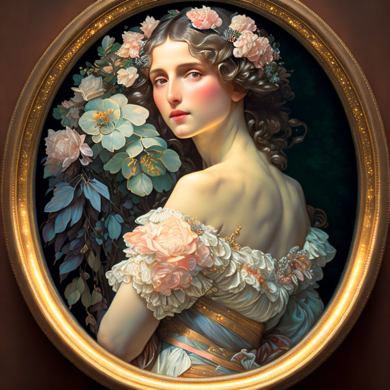 Classic Portrait of Woman with Floral Hair and Dress in Oval Frame