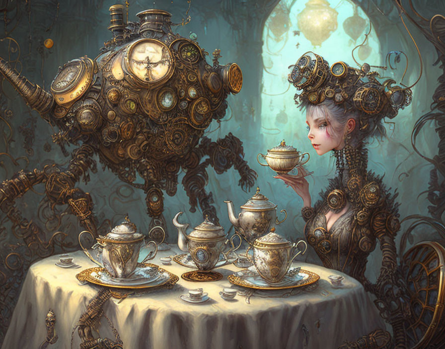 Victorian woman with teapots and steampunk machine at table