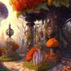 Ornate autumn-themed gazebo with vintage lamps and town backdrop