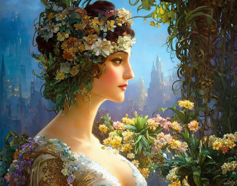 Fantasy portrait of elegant woman with floral wreath in vibrant setting