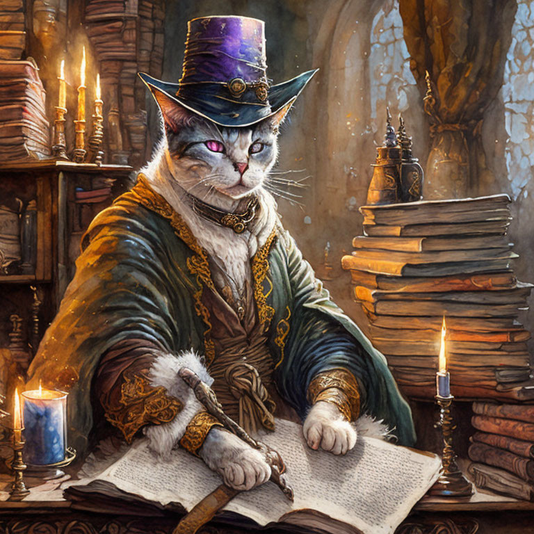 Anthropomorphized cat in 19th-century attire at desk with quill