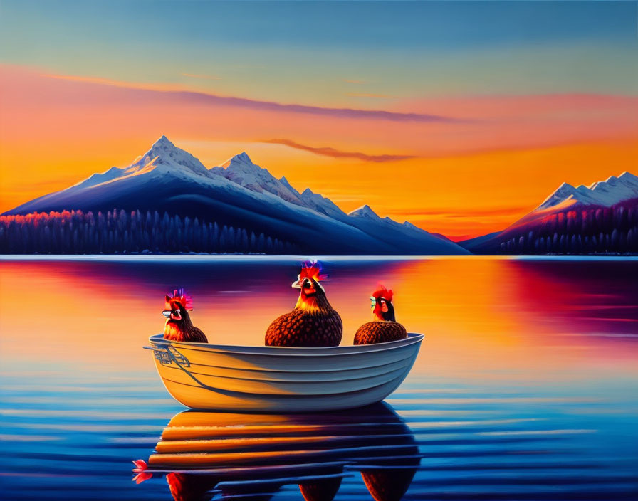 Three chickens in a boat on a calm lake at sunset with snowy mountains.