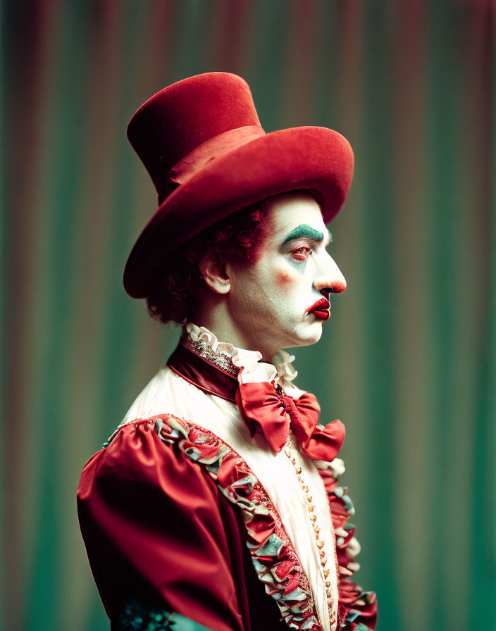 Vintage clown costume with white face paint, red nose, and top hat on striped background