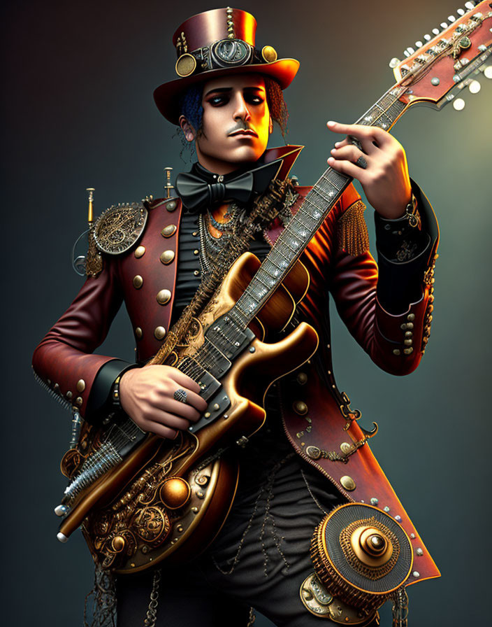 Steampunk-inspired person plays guitar with mechanical parts