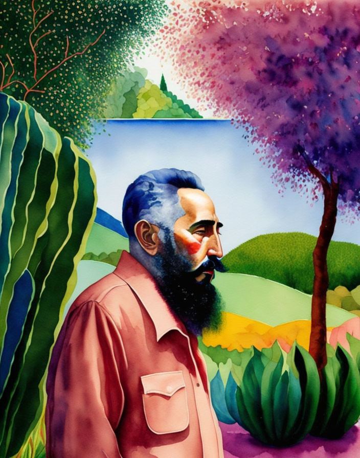 Vibrant portrait of bearded man with landscape hair blending - blue sky, trees, hills