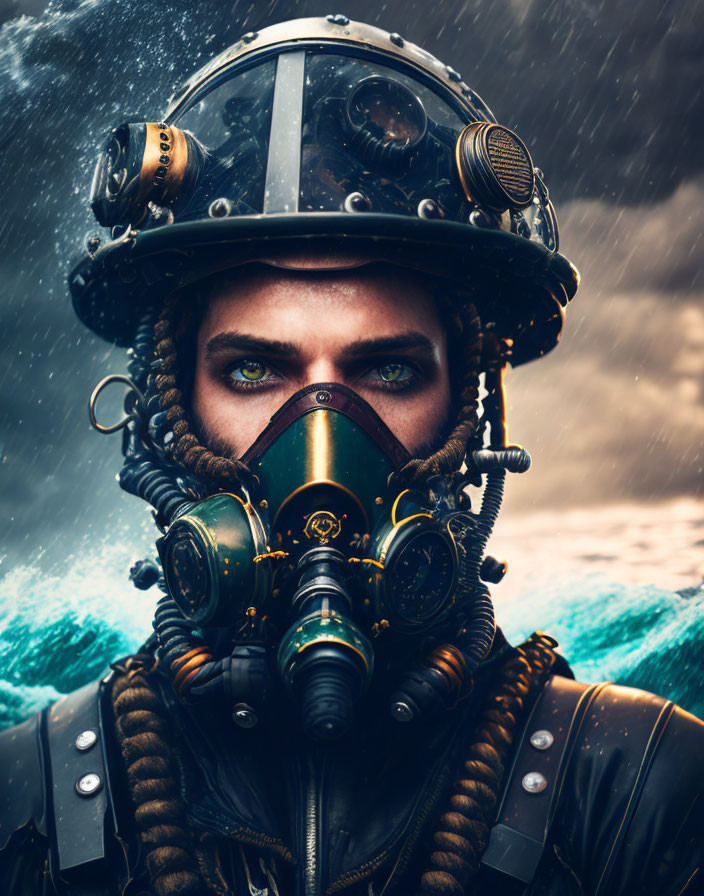 Detailed Diving Helmet and Gas Mask Portrait Against Stormy Seas