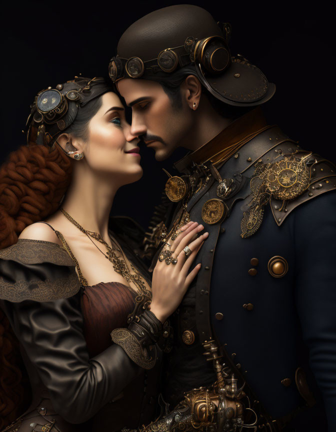 Steampunk couple in ornate attire with goggles and gears pose intimately