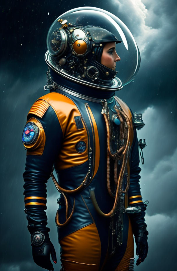 Detailed Orange and Black Space Suit with Retro Helmet in Starry Sky