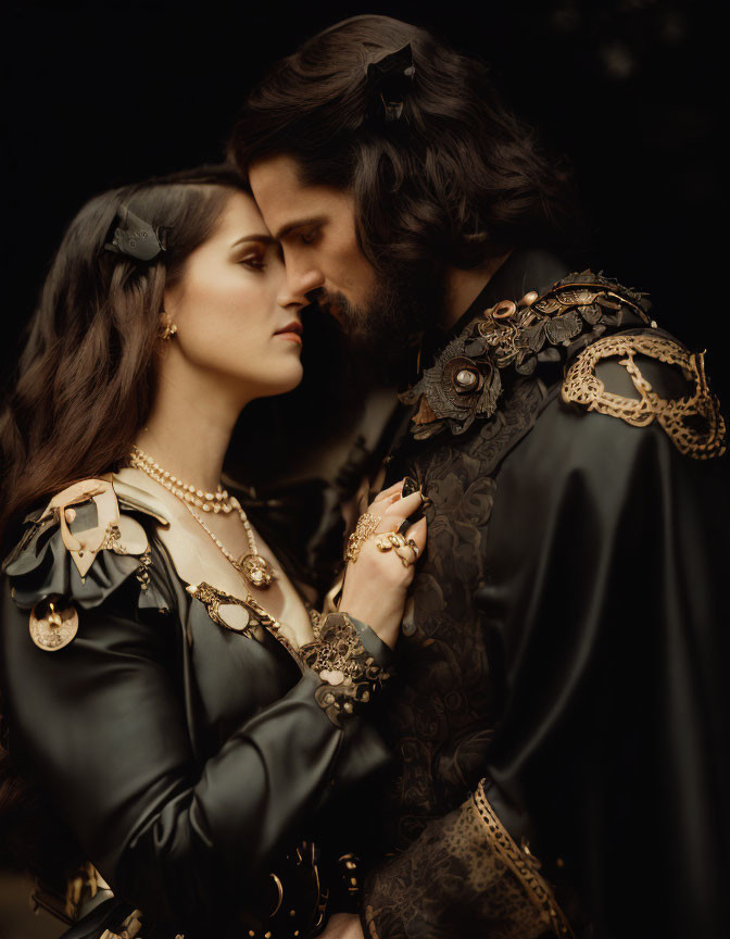 Elaborate Gothic Attire Couple Portrait with Golden Accessories