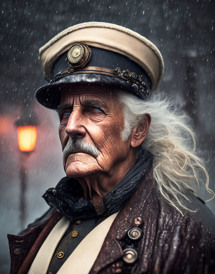 Elderly man in captain's hat and military coat in snowfall