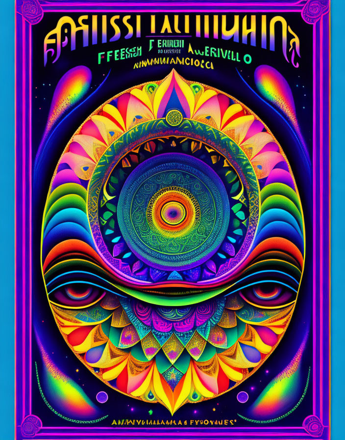 Colorful Psychedelic Poster with Mandala and Trippy Design