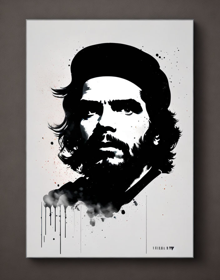 Intense bearded man graphic artwork with black and red splattered paint on white canvas