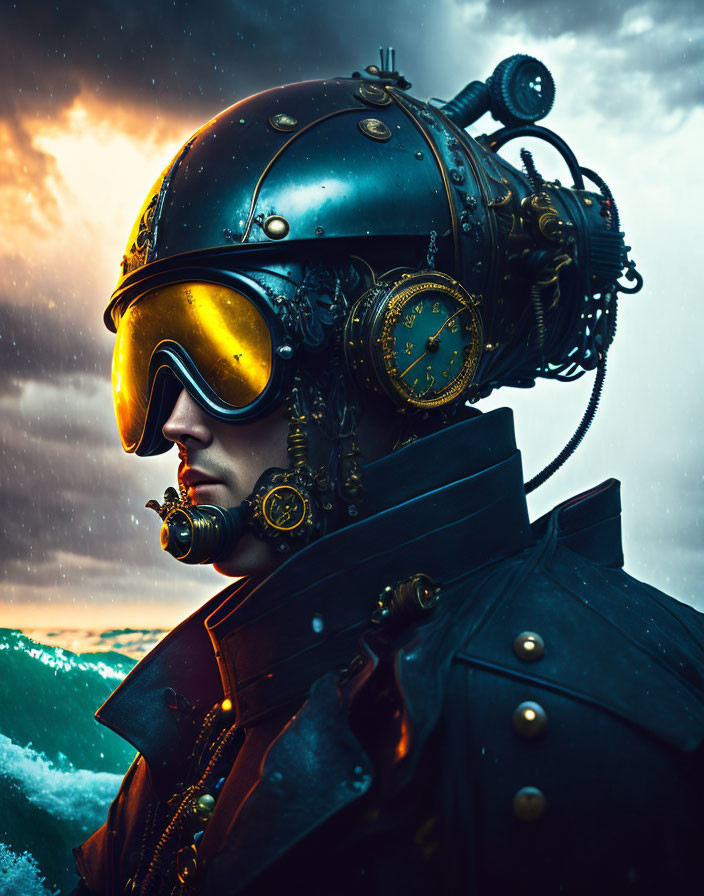 Steampunk-inspired person in diving helmet and coat against stormy ocean.