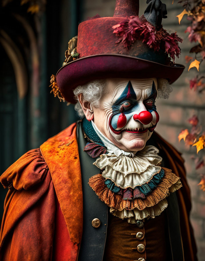 Vintage Clown Costume with Red Nose and Top Hat