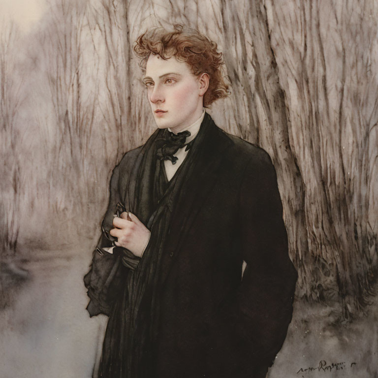 Victorian-era portrait of young man with curly hair in black attire holding glasses against bare trees.